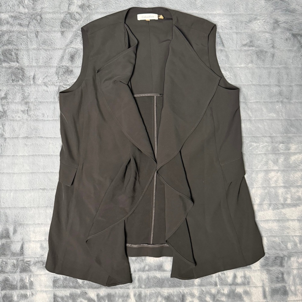 Calvin Klein Draped Open Front Vest Womens 6 Black Sleeveless Flap Pockets
